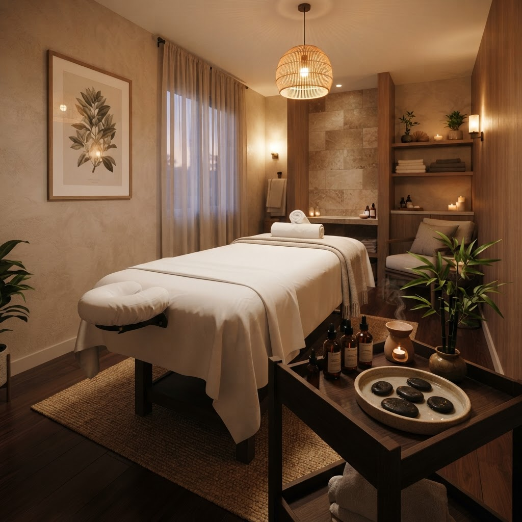 Serene massage therapy room with warm lighting, white linens, and essential oils at Kool Touch Massage Centre